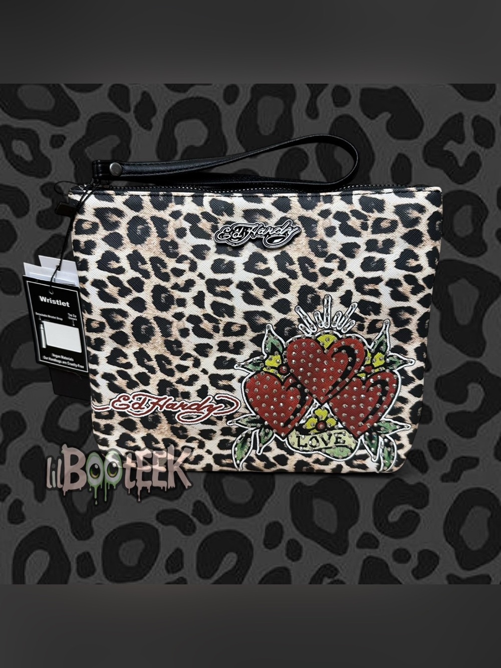 Ed Hardy Leopard Print 3 Heart Rhinestone Wristlet Cosmetic Bag NEW Viral Y2K